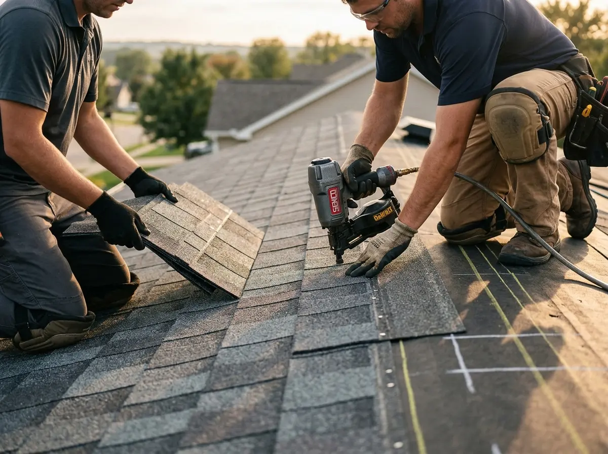 Professional roofer working on a residential roof in Sanford